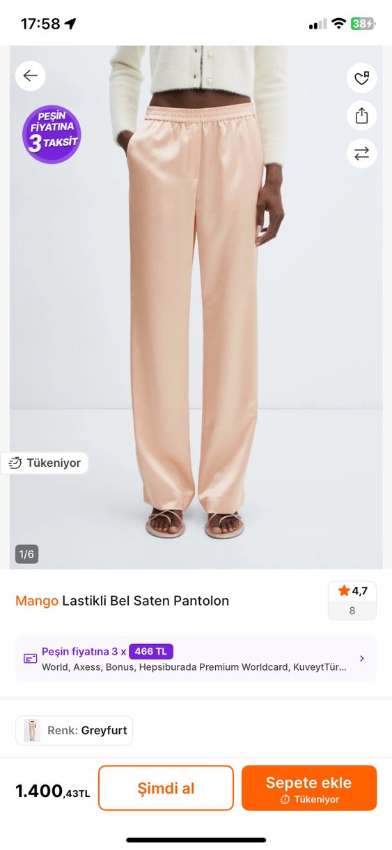 Mango Bej Lastikli Saten Pantolon - Görsel 2