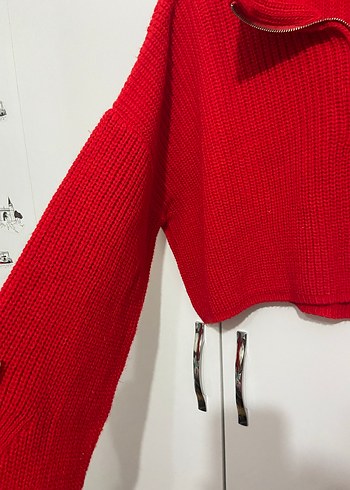 Kırmızı Fermuarlı Crop Kazak - Görsel 3