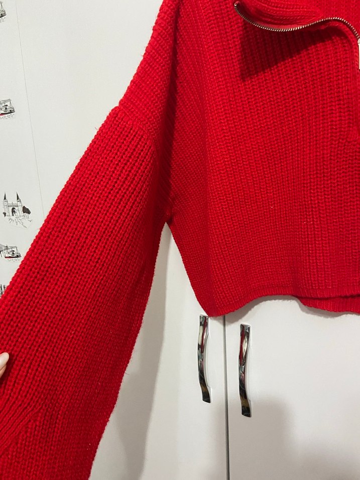 Kırmızı Fermuarlı Crop Kazak - Görsel 3