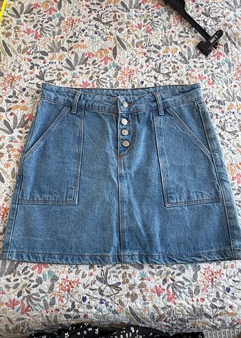 Düğmeli Mavi Denim kot Mini Etek