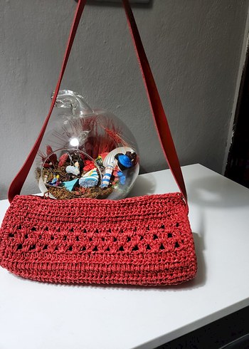 Kırmızı Örgü Hasır Omuz Çantası - Görsel 3