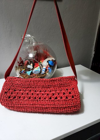 Kırmızı Örgü Hasır Omuz Çantası - Görsel 2