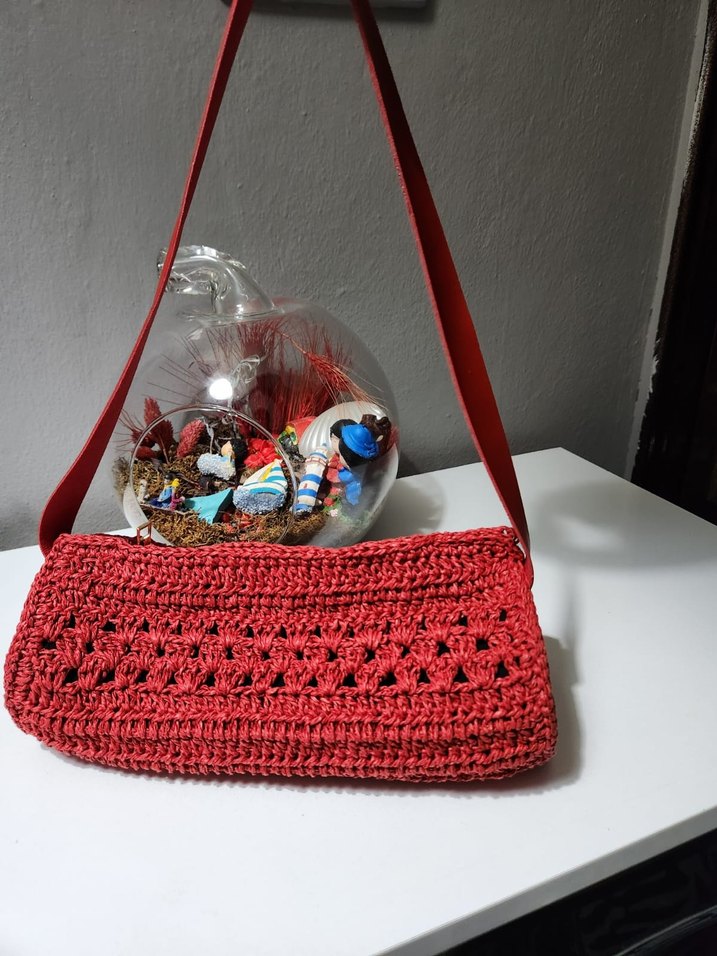 Kırmızı Örgü Hasır Omuz Çantası - Görsel 3
