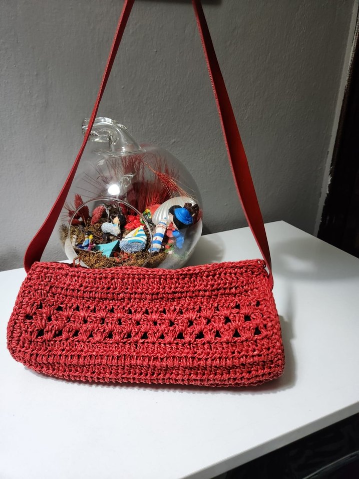Kırmızı Örgü Hasır Omuz Çantası - Görsel 2