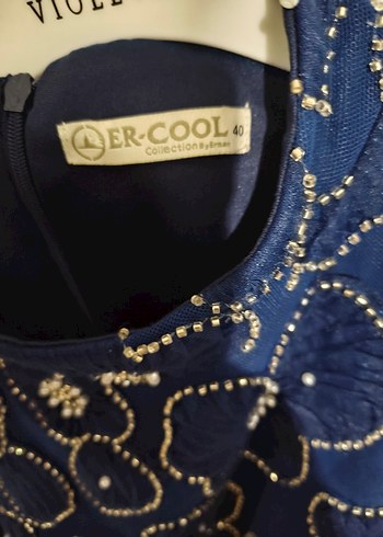 Uzun Kollu Nakışlı Lacivert Abiye Elbise - Görsel 5