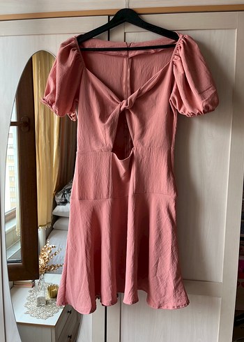Pembe V Yaka Keten Mini Elbise