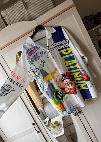 l Beden Beyaz Baskılı Street Wear Kadın Gömlek