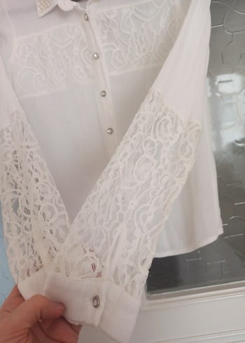 Dantel Detaylı Beyaz Uzun Kollu Kadın Gömlek - Görsel 2