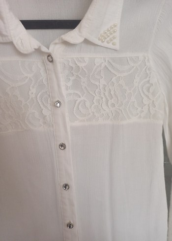 Dantel Detaylı Beyaz Uzun Kollu Kadın Gömlek - Görsel 3