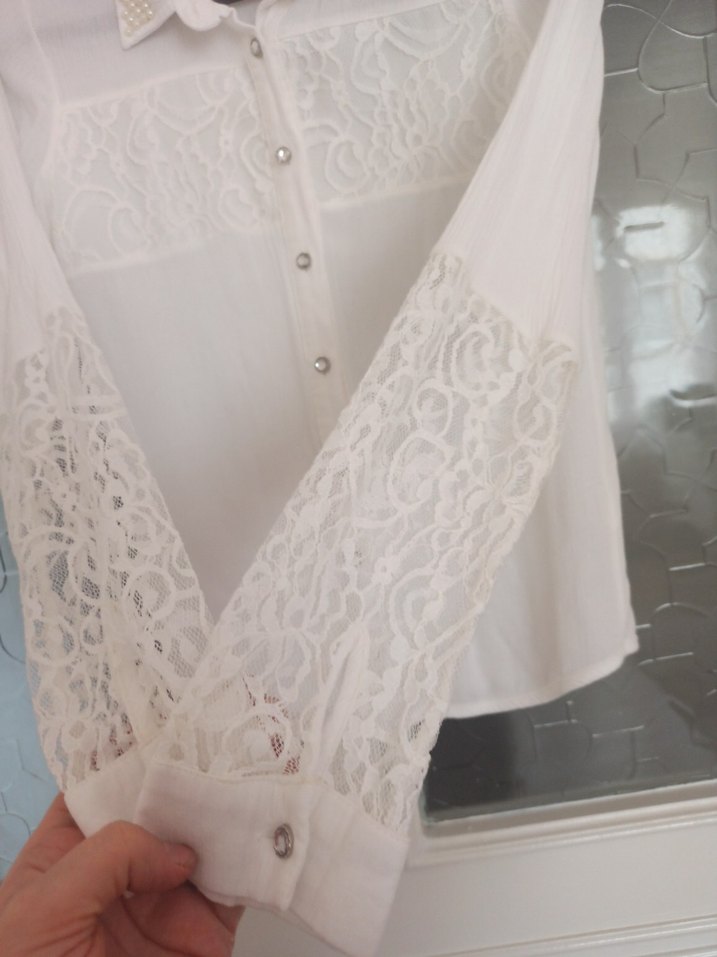 Dantel Detaylı Beyaz Uzun Kollu Kadın Gömlek - Görsel 2