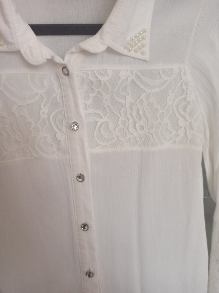 Dantel Detaylı Beyaz Uzun Kollu Kadın Gömlek - Görsel 3