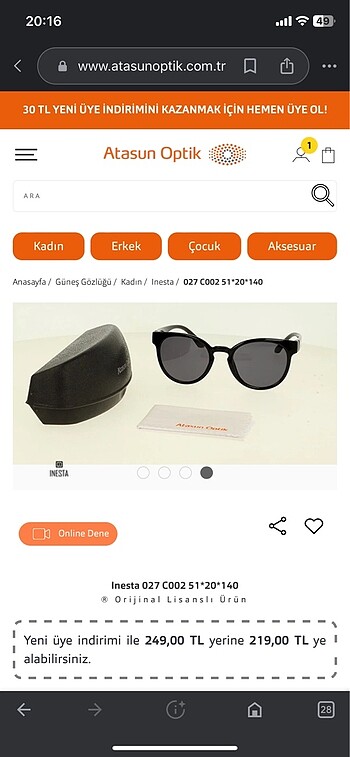Atasun optik ınesta siyah gözlük
