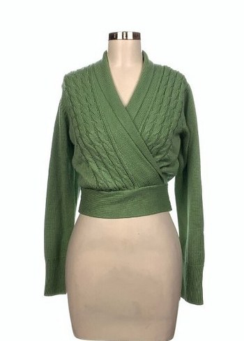 V Yaka Örgü Yeşil Kadın Kazak - Görsel 4