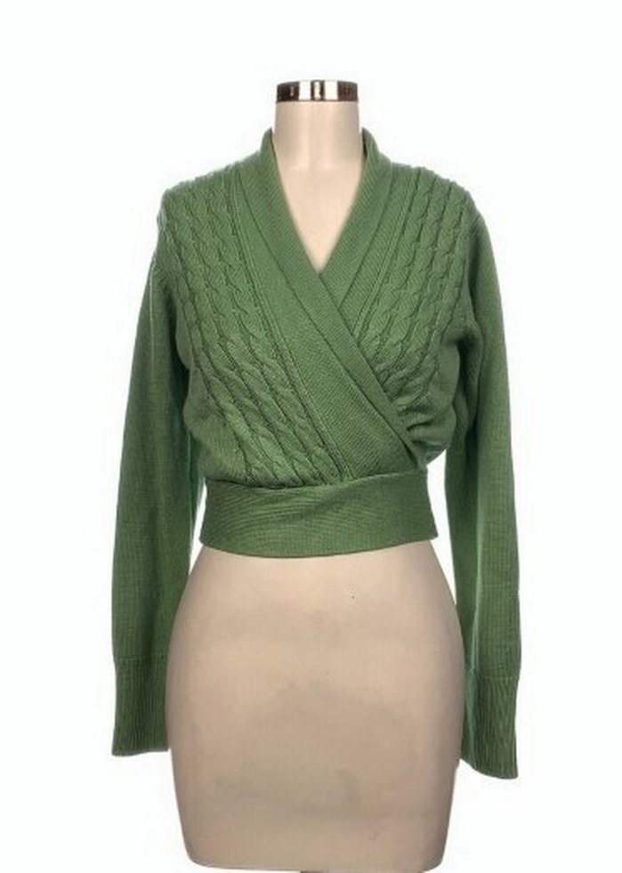 V Yaka Örgü Yeşil Kadın Kazak - Görsel 4