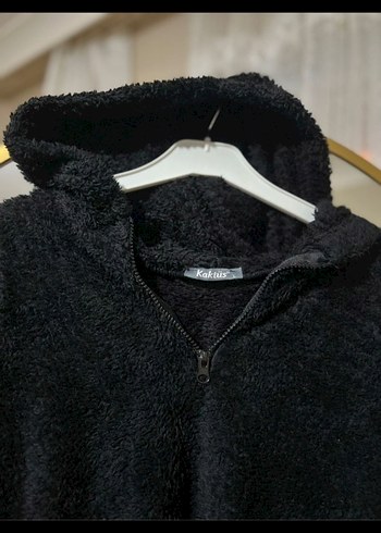 Siyah Kapüşonlu Peluş Kadın Ceket - Görsel 5