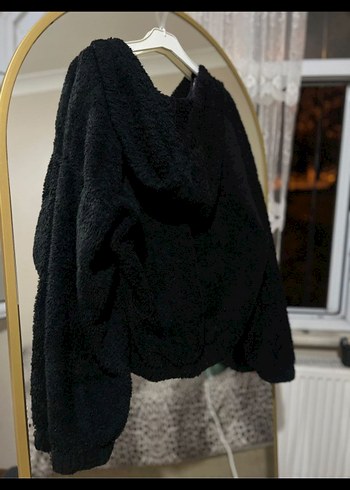 Siyah Kapüşonlu Peluş Kadın Ceket - Görsel 3