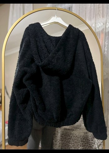 Siyah Kapüşonlu Peluş Kadın Ceket - Görsel 4
