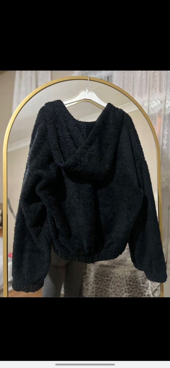 Siyah Kapüşonlu Peluş Kadın Ceket - Görsel 4