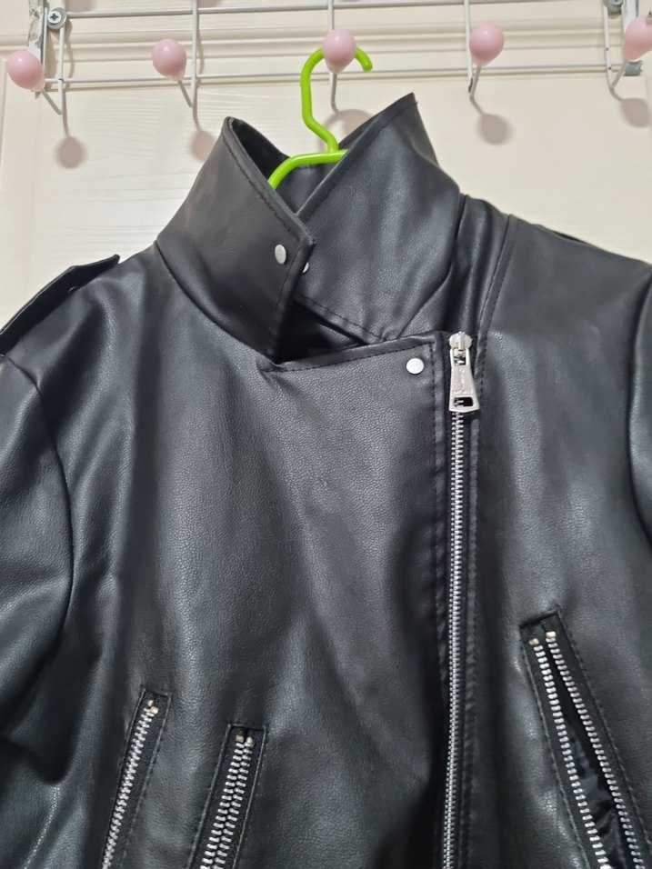 Deri Siyah Biker Ceket, Kısa ve Fermuarlı - Görsel 5