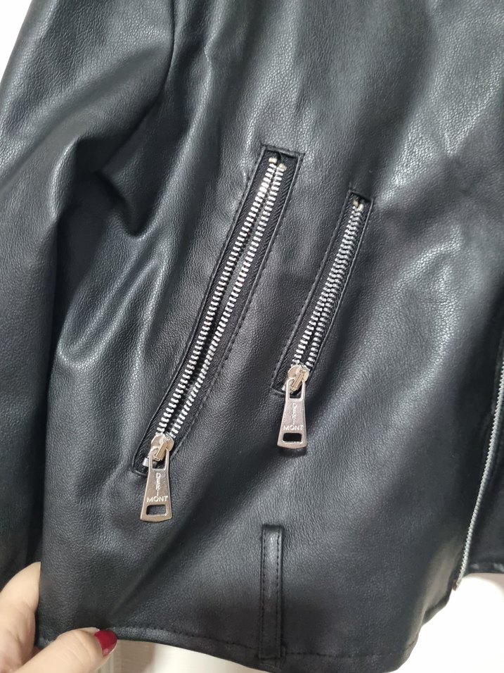 Deri Siyah Biker Ceket, Kısa ve Fermuarlı - Görsel 3
