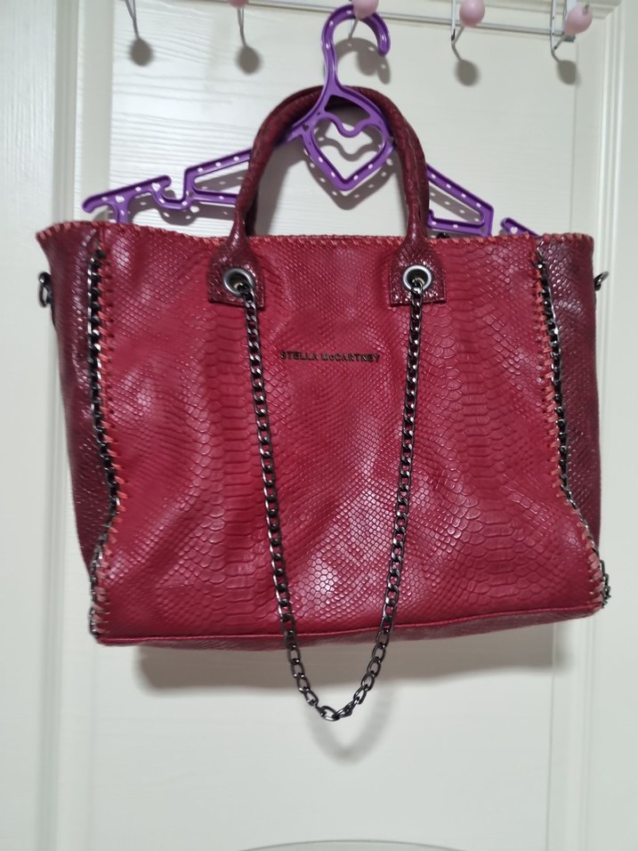 Bordo Deri Yılan Desenli Zincir Detaylı Kadın Çanta - Görsel 3