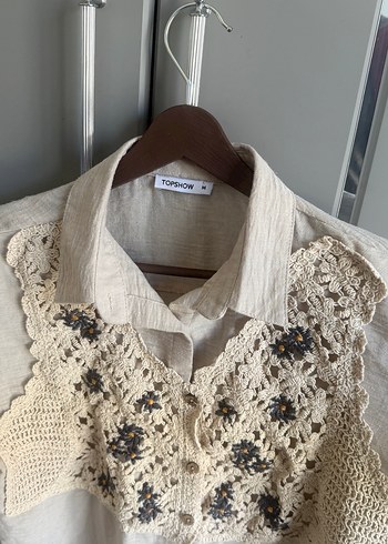 Bej Nakışlı Düğmeli Keten Bohem Kadın Gömlek - Görsel 8