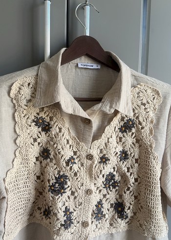 Bej Nakışlı Düğmeli Keten Bohem Kadın Gömlek - Görsel 2