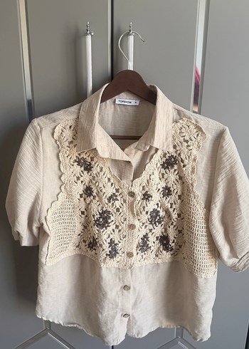 Bej Nakışlı Düğmeli Keten Bohem Kadın Gömlek - Görsel 6