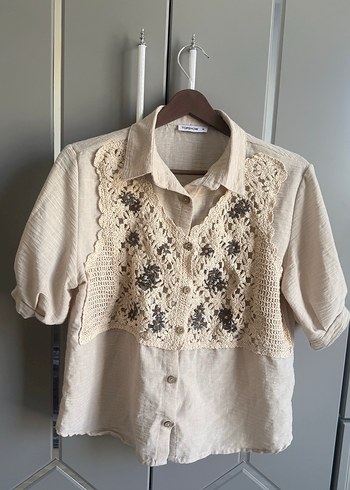 Bej Nakışlı Düğmeli Keten Bohem Kadın Gömlek - Görsel 7