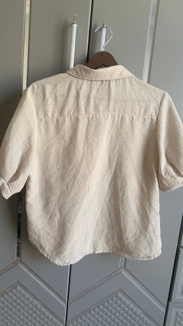 Bej Nakışlı Düğmeli Keten Bohem Kadın Gömlek - Görsel 5