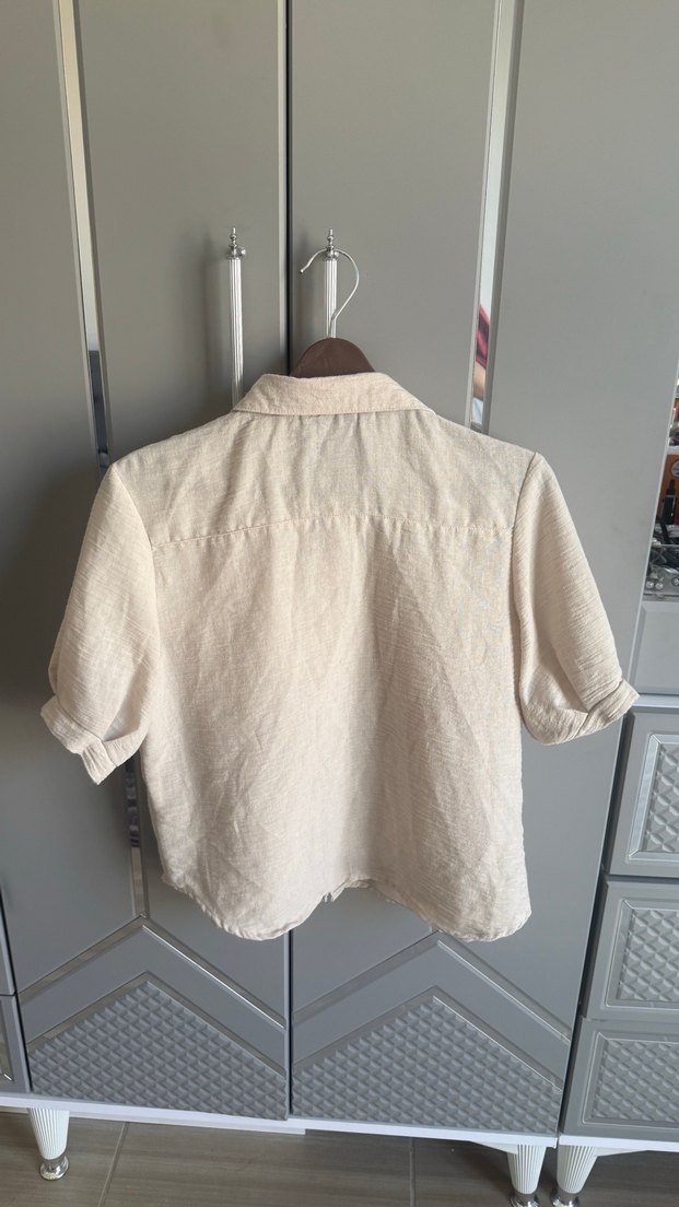 Bej Nakışlı Düğmeli Keten Bohem Kadın Gömlek - Görsel 4