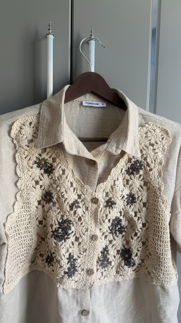 Bej Nakışlı Düğmeli Keten Bohem Kadın Gömlek - Görsel 2