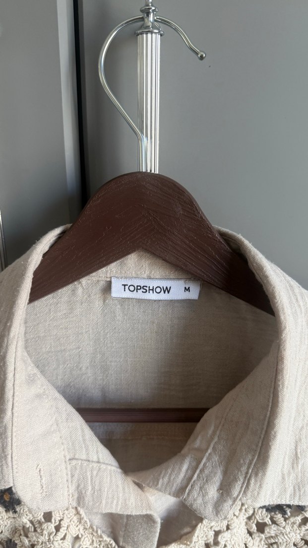 Bej Nakışlı Düğmeli Keten Bohem Kadın Gömlek - Görsel 3