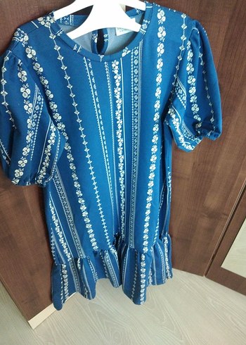 Mavi Bohem Uzun elbise, Kısa Kollu, Fırfırlı