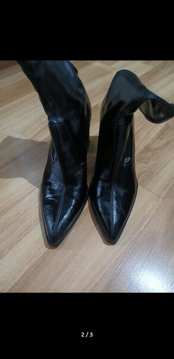 Siyah Deri Kadın Topuklu Streç Bot - Görsel 2