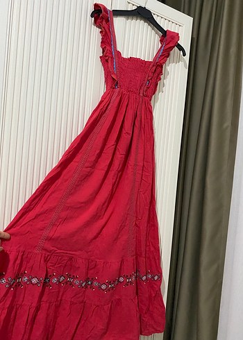 Nakışlı Kırmızı Uzun Bohem Elbise - Görsel 2