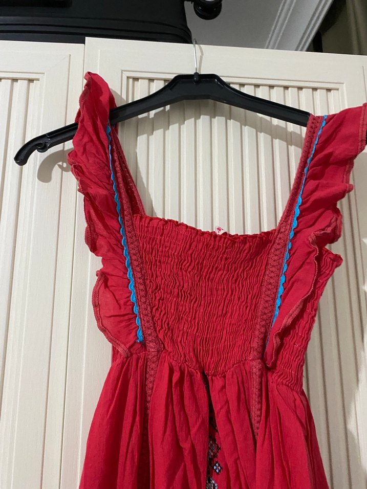 Nakışlı Kırmızı Uzun Bohem Elbise - Görsel 4