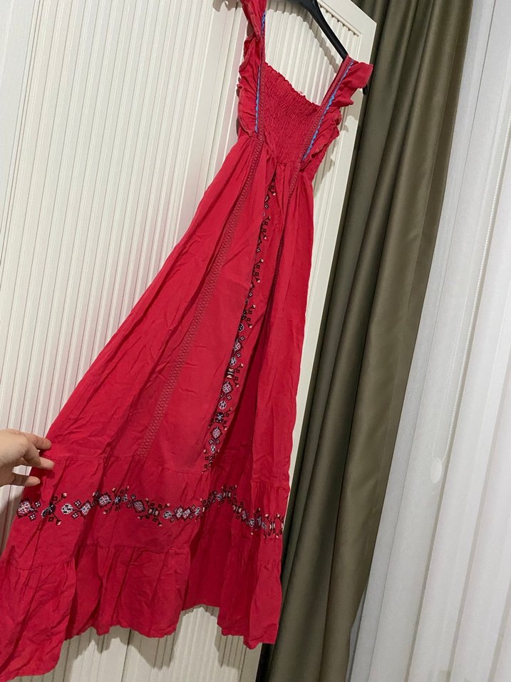 Nakışlı Kırmızı Uzun Bohem Elbise - Görsel 5