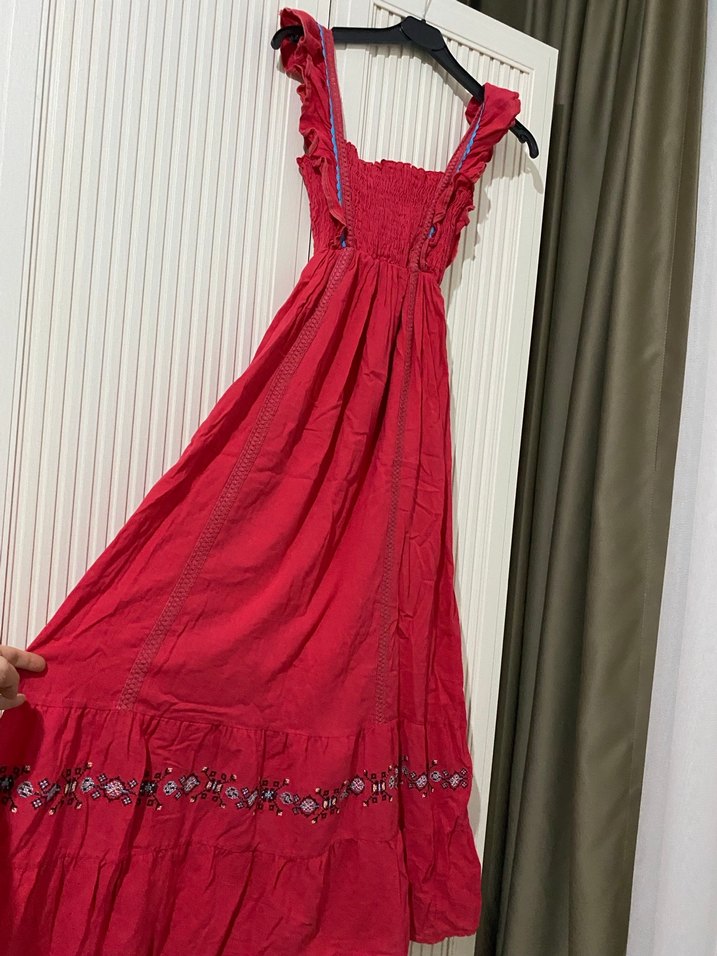 Nakışlı Kırmızı Uzun Bohem Elbise - Görsel 2
