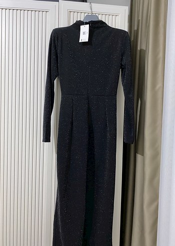 Uzun Kol Drapeli Siyah simli abiye - Görsel 2