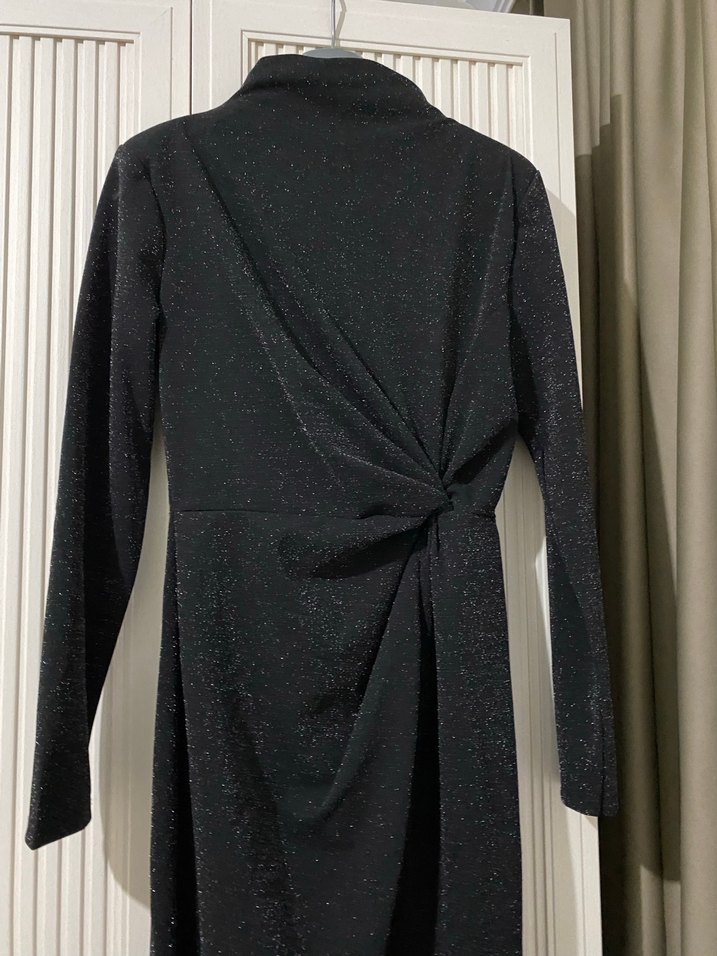 Uzun Kol Drapeli Siyah simli abiye - Görsel 3