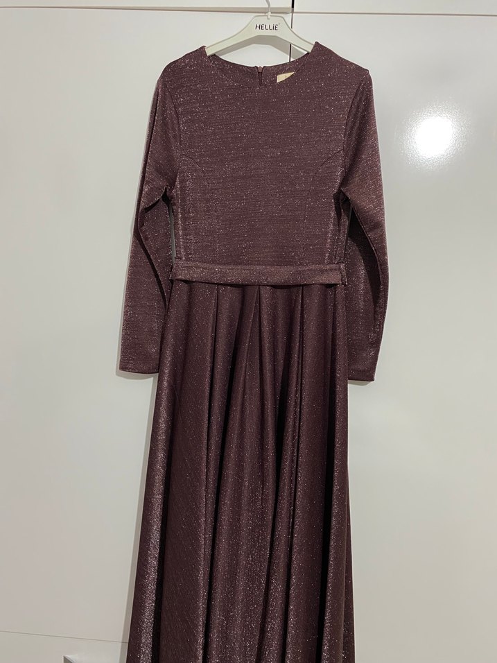 Bordo mürdüm Uzun Kollu Piliseli Uzun Elbise - Görsel 2