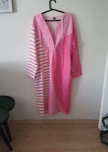 Pembe Uzun Keten Tunik V Yaka
