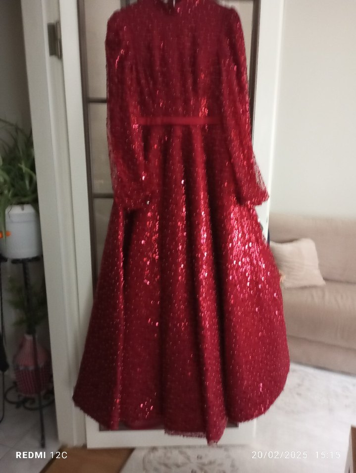 Bordo Payetli Uzun Kollu Abiye Elbise - Görsel 2