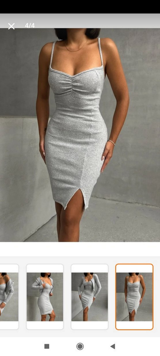 Gri V Yaka Uzun Kollu Mini Triko Elbise - Görsel 4