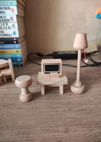 Açık Bej Ahşap Oyuncak Ev Mobilyaları - Görsel 7