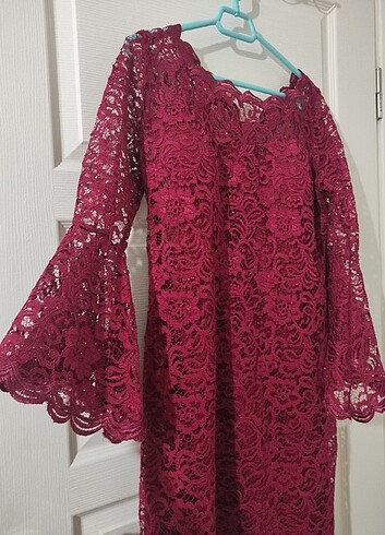 xl Beden bordo Renk Güpürlü elbise