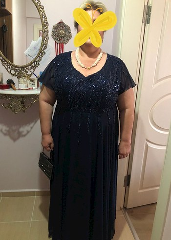 V Yakalı Lacivert Uzun Abiye Elbise