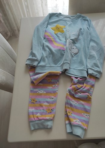 Kız Çocuk Mavi Triko Uzun Kollu Pijama Takımı