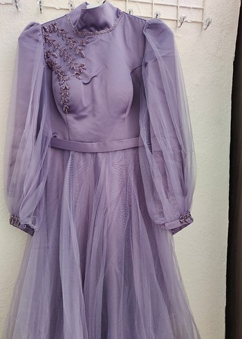 38 Beden mor Renk Pastel Mor Nakışlı Uzun Kollu Elbise